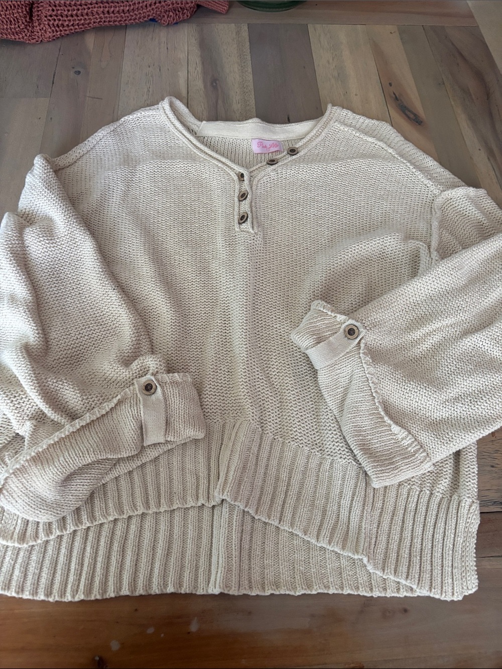 Pink Lily Cream Button-Detail Scoop-Neck Sweater
